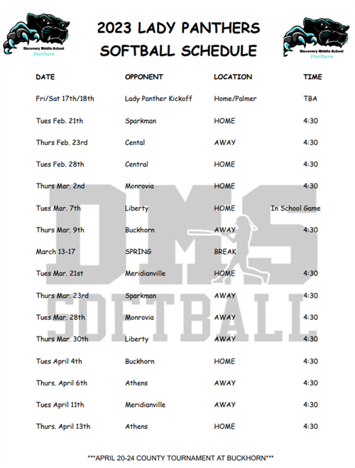 DMS Softball Schedule
