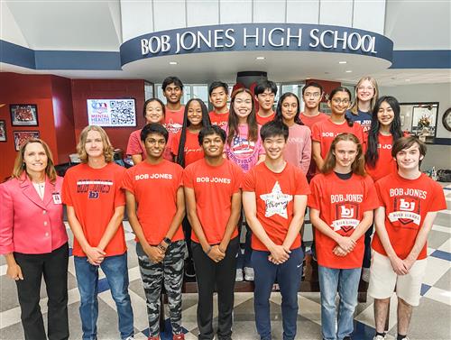 group photo of Bob Jones National Merit Semifinalists with Principal Sylvia Lambert
