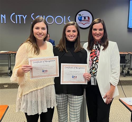  Carissa Davis, Sadie Sturdivant, Stephanie Allen counselors in front of Board room