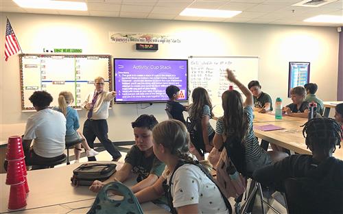 Teacher in front of class pointing at student to answer 