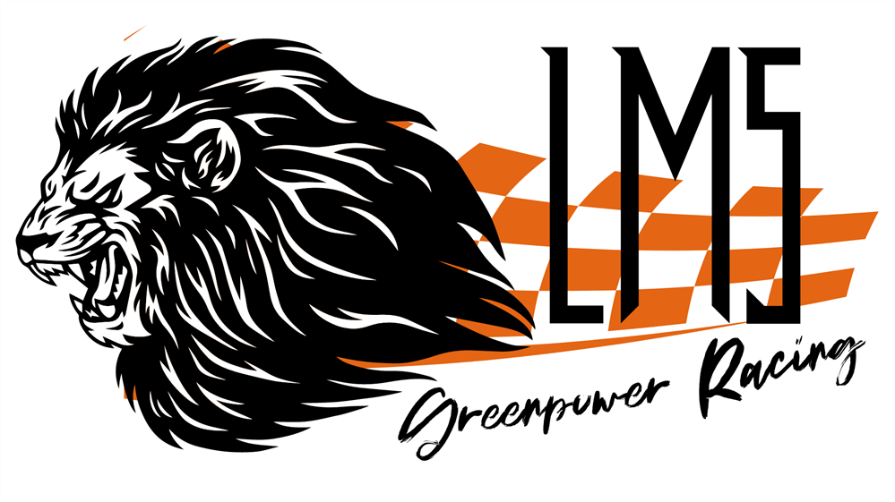 Lion roaring facing left in front of a checkered racing strlpe expanding to the right with the words LMS Greenpower Racing. Lion roaring facing left in front of a checkered racing strlpe expanding to the right with the words LMS Greenpower Racing.